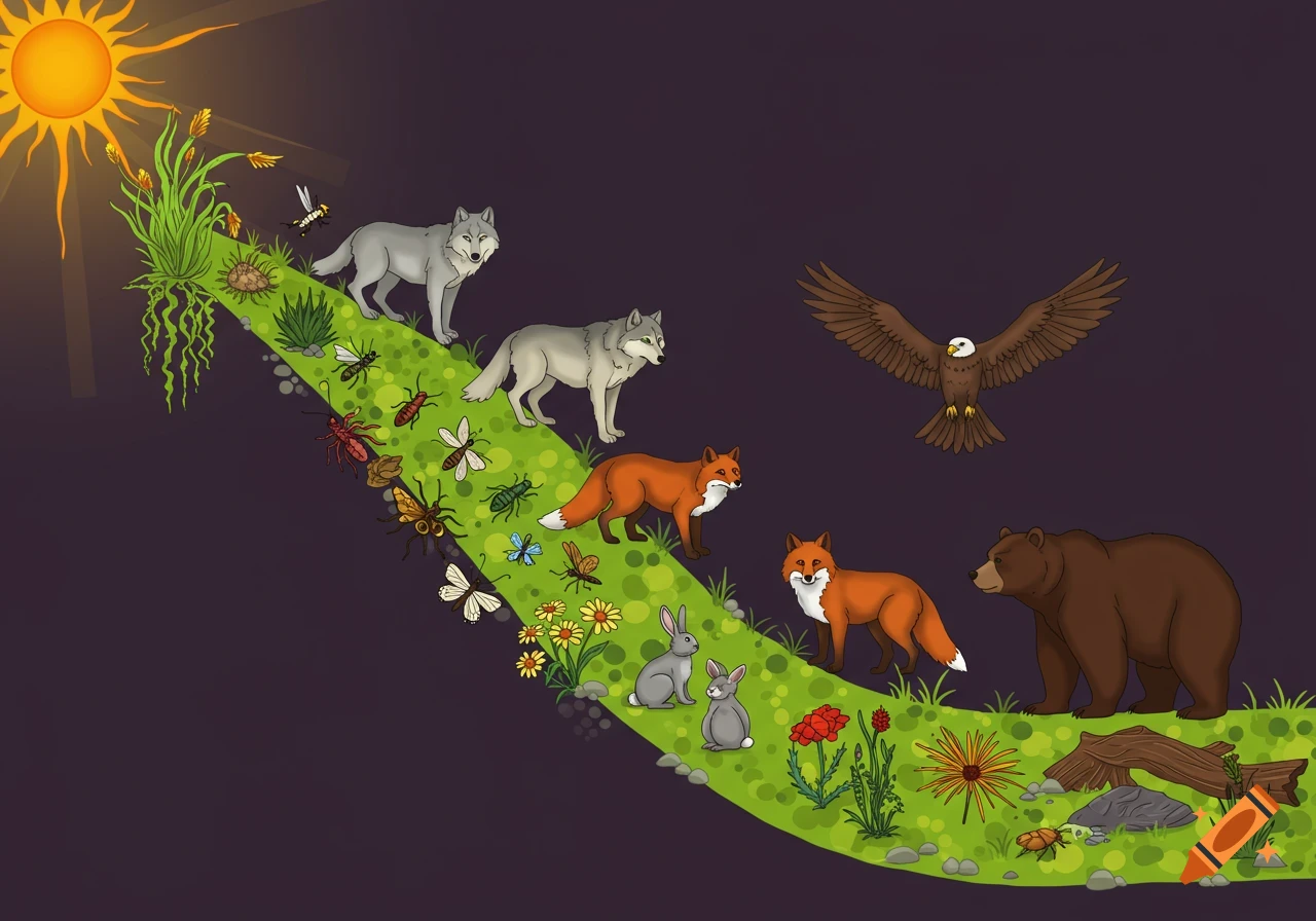 Illustration of a food chain with plants, insects, rabbits, foxes, wolves, a bear, and an eagle.