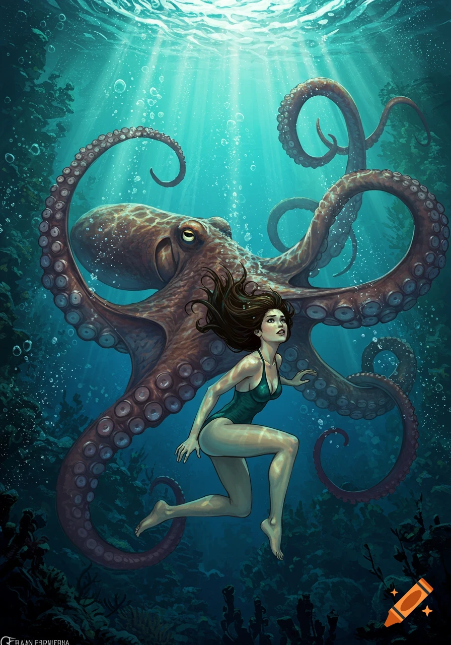 An illustration of a woman swimming underwater with a large octopus behind her.