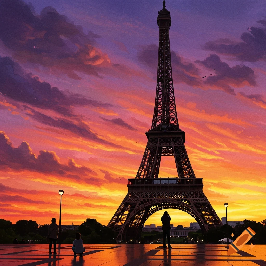 Eiffel Tower at sunset with people viewing