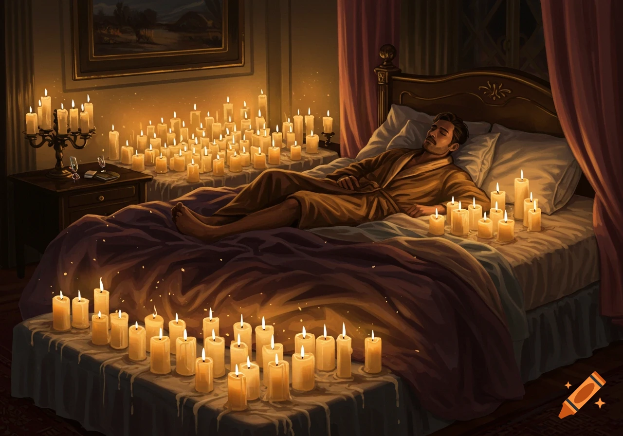A man lies on a bed covered in many lit candles, creating a warm glow.