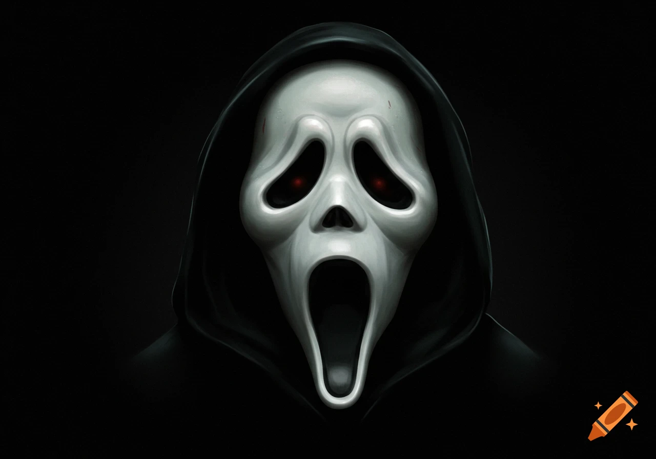 Illustration of a Ghostface mask with red eyes against a black background.