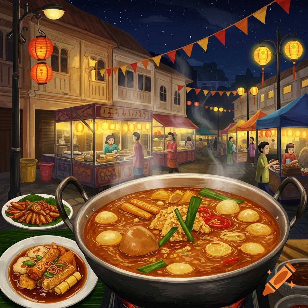 A close-up view of a large pot of stew and side dishes, with a busy night market scene featuring food stalls and people in the background.