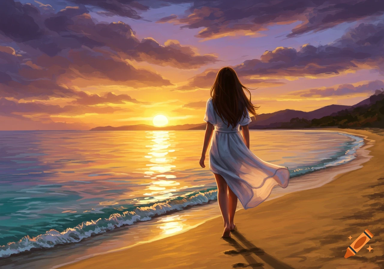 Digital painting of a woman walking on a beach at sunset.