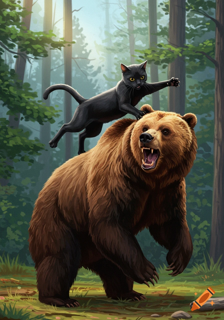 A black cat stands on the back of a brown bear in a forest, digital painting.