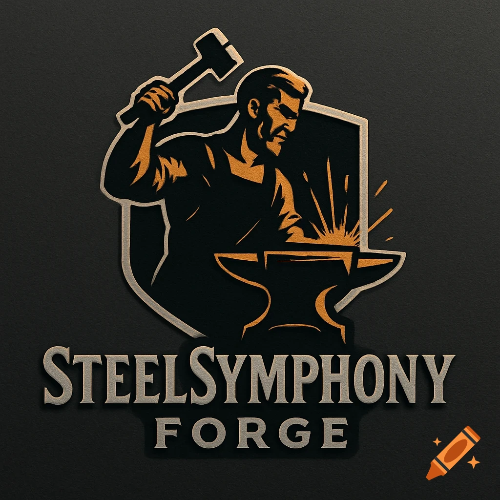 A logo illustration of a blacksmith forging metal at an anvil. The text "SteelSymphony Forge" is below.