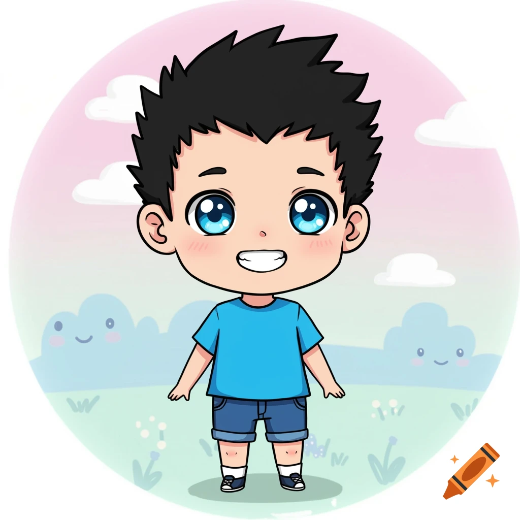 Chibi illustration of a smiling boy in a field.