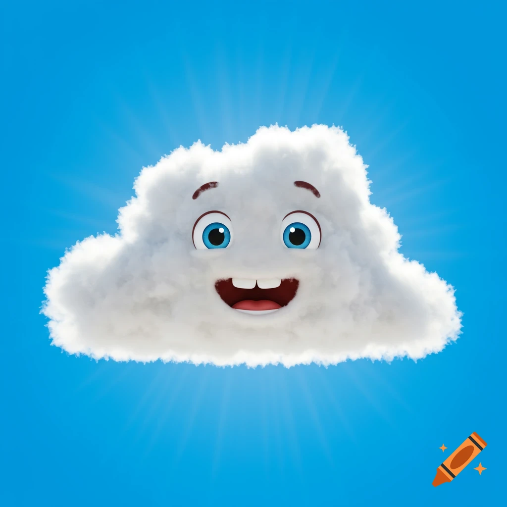 A cheerful cartoon white cloud with blue eyes and a big smile floats in a bright blue sky.