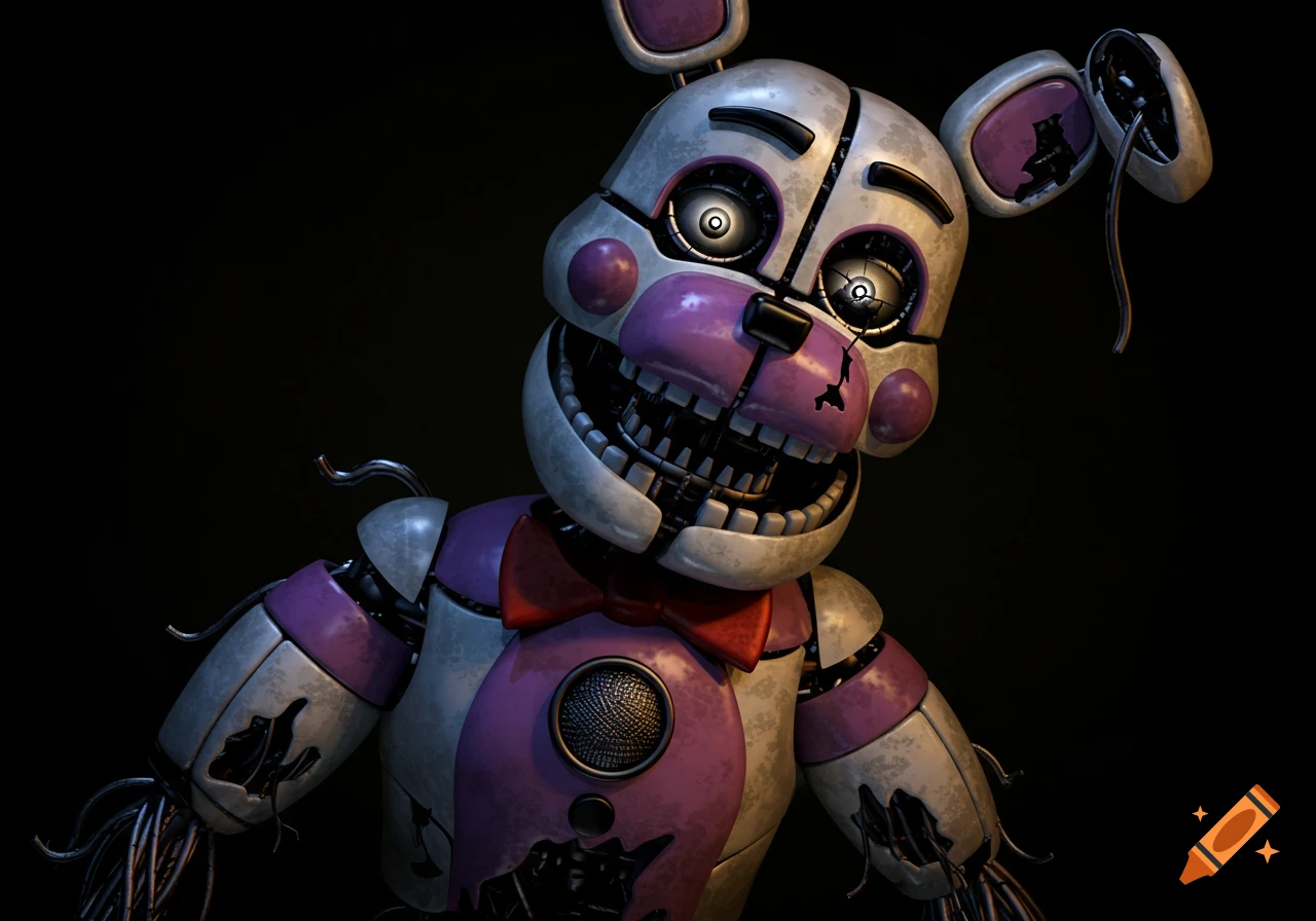 Close-up of a creepy white and purple animatronic bear with glowing eyes and exposed wires.