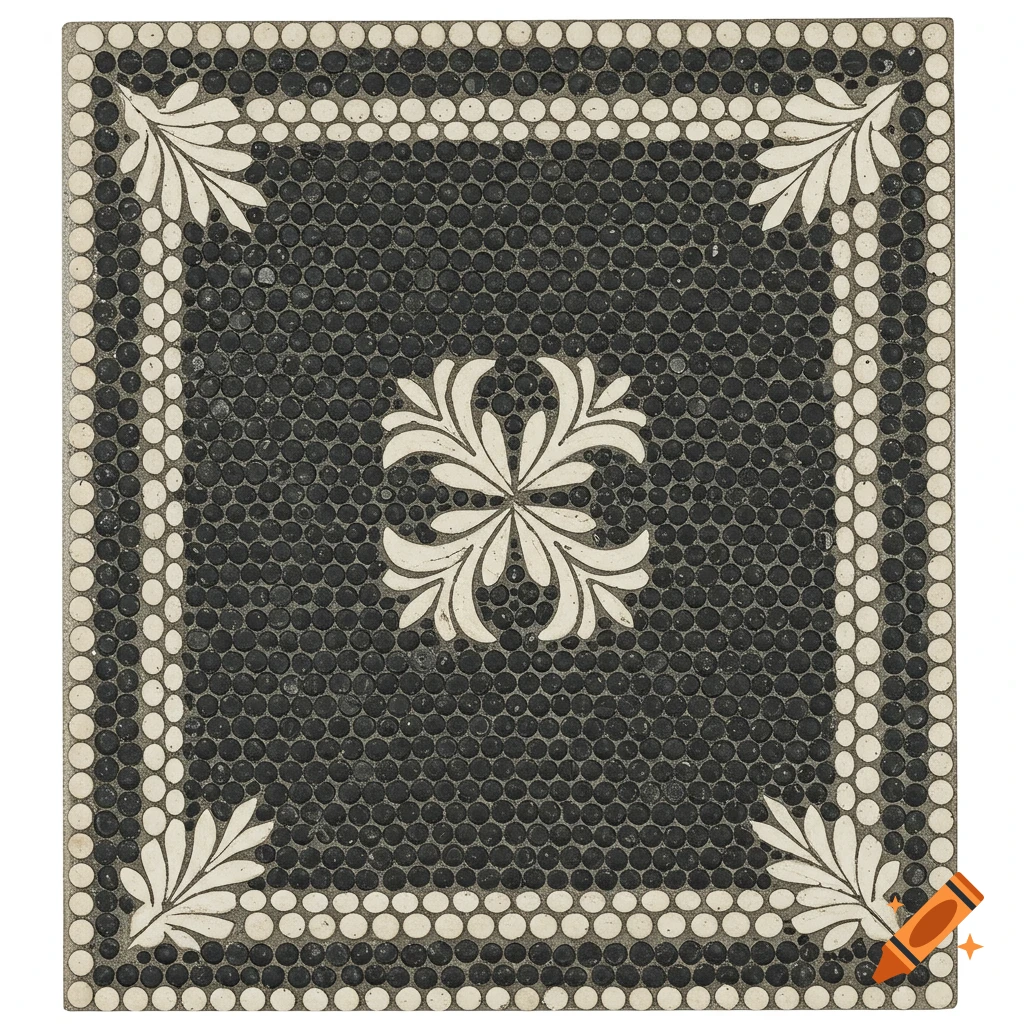 Black and white penny tile square pattern with floral designs
