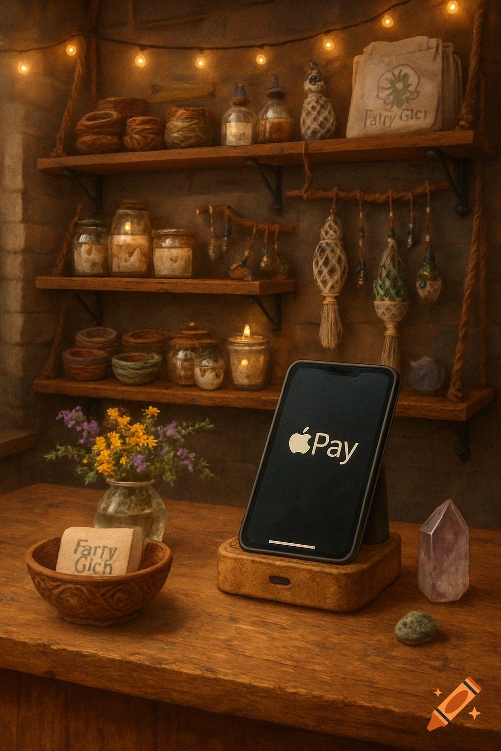 A cozy shop counter with an Apple Pay terminal, shelves stocked with jars, candles, and handmade items, and a bowl of business cards.