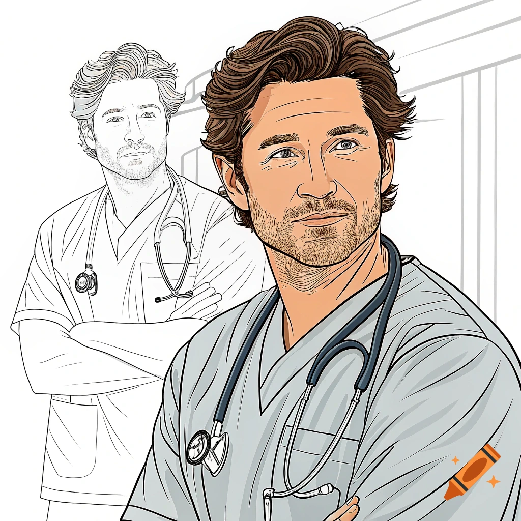 Coloring page illustration of a doctor wearing scrubs and a stethoscope