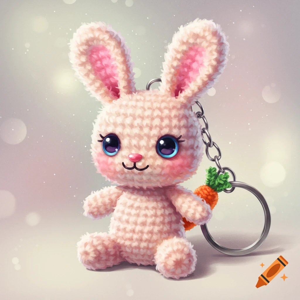 A cute crochet bunny keychain with big eyes sits holding a small carrot.