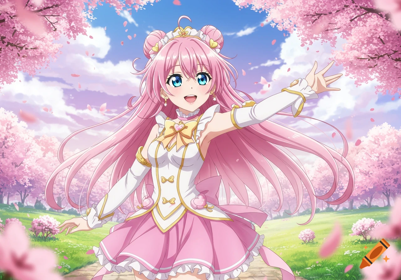 Anime girl with pink hair and dress smiling among cherry blossoms