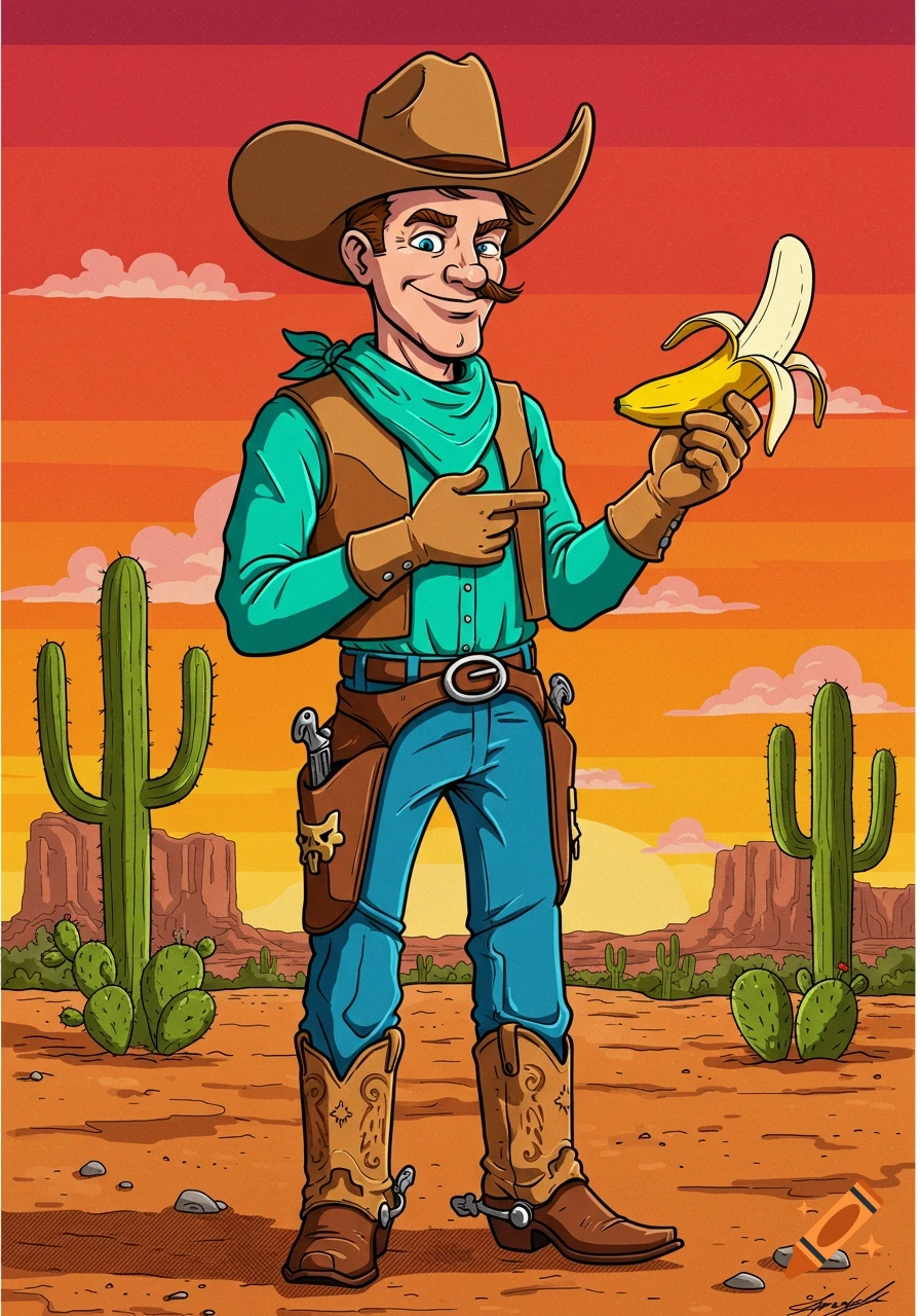 Cartoon illustration of a cowboy holding a peeled banana in a desert landscape at sunset