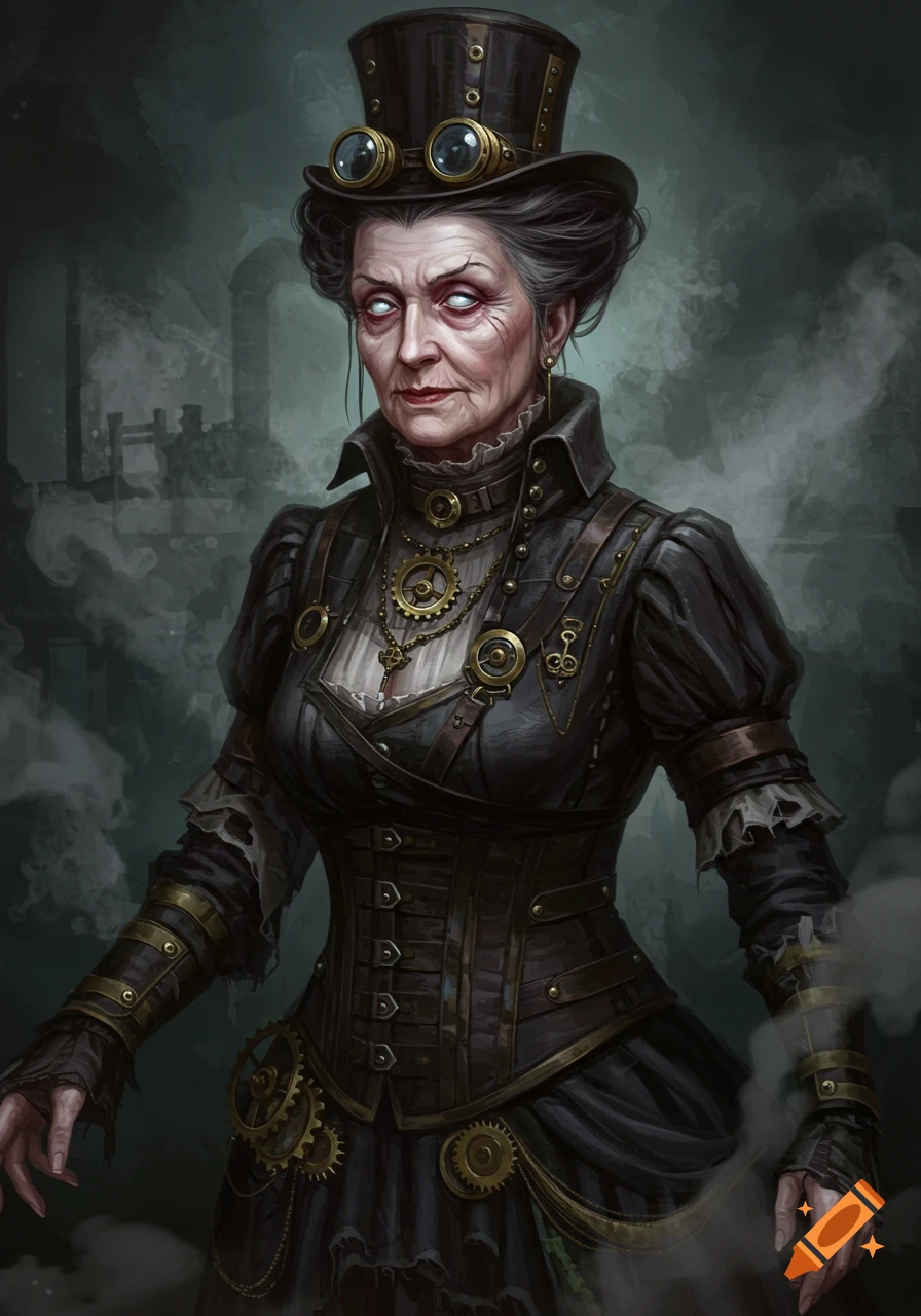Steampunk portrait of an old woman with goggles and gears on her clothing against a dark, misty background.