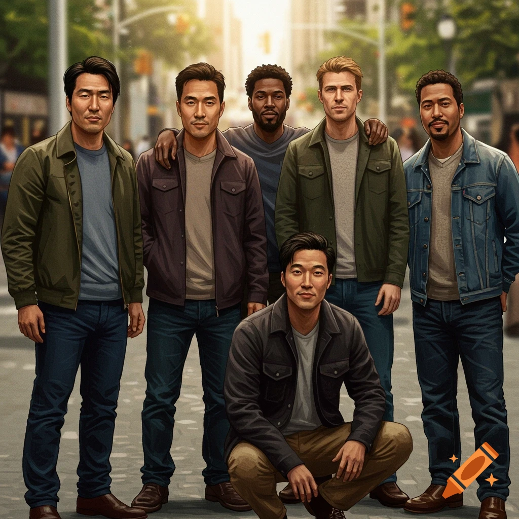 Group of diverse men posing on a city street