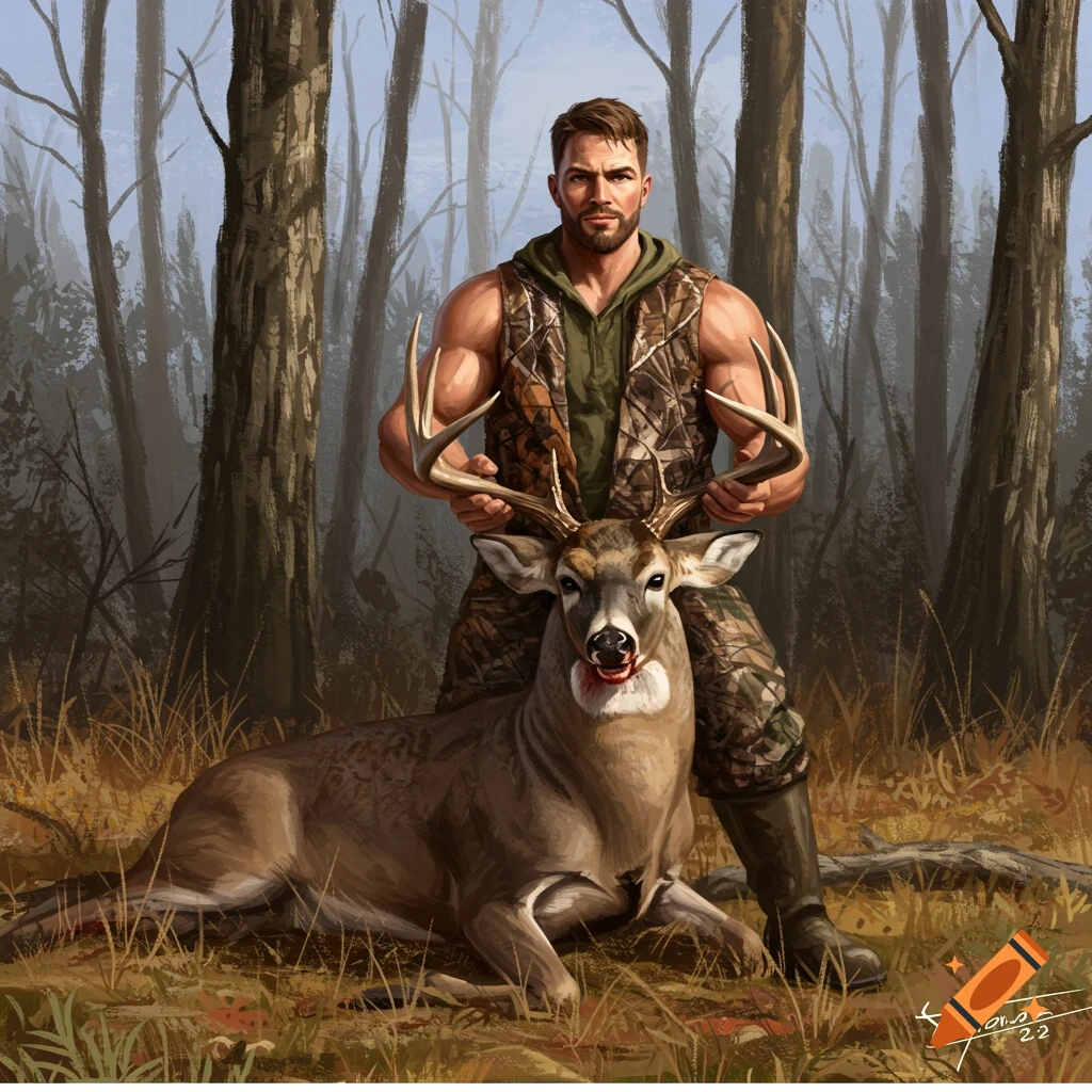 Illustration of a muscular hunter posing with a dead buck deer in a forest.
