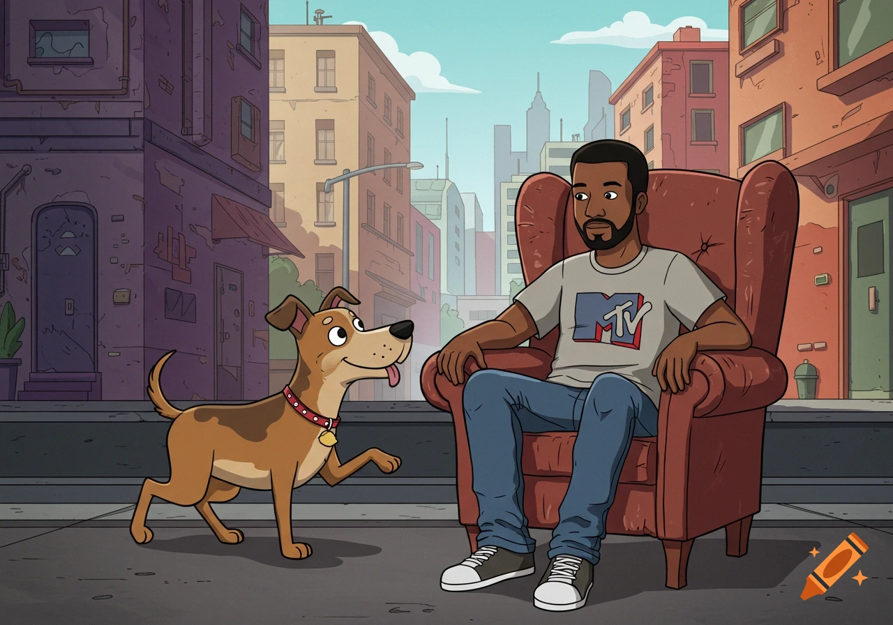 A cartoon man sits in a chair next to a dog on a street, in the MTV cartoon style.