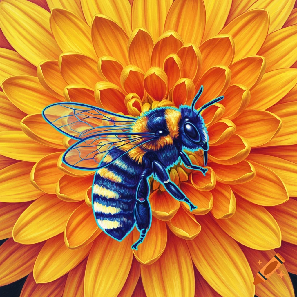 Stylized close-up of a blue and yellow striped bee on a vibrant orange and yellow flower.