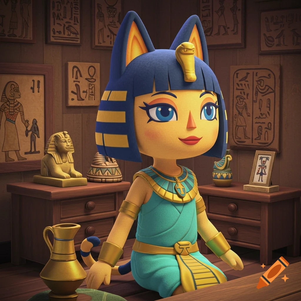 Ankha from Animal Crossing dressed in Egyptian attire, kneeling in a room with hieroglyphics.