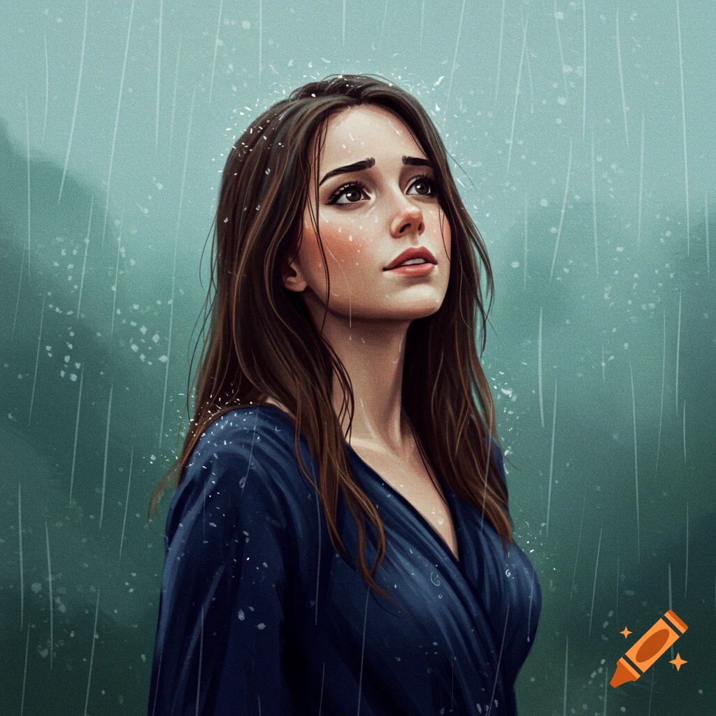 A portrait of a woman looking up in the rain, digital art style.