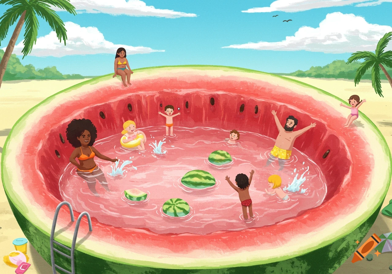 Illustration of people swimming and playing in a giant watermelon swimming pool on a beach