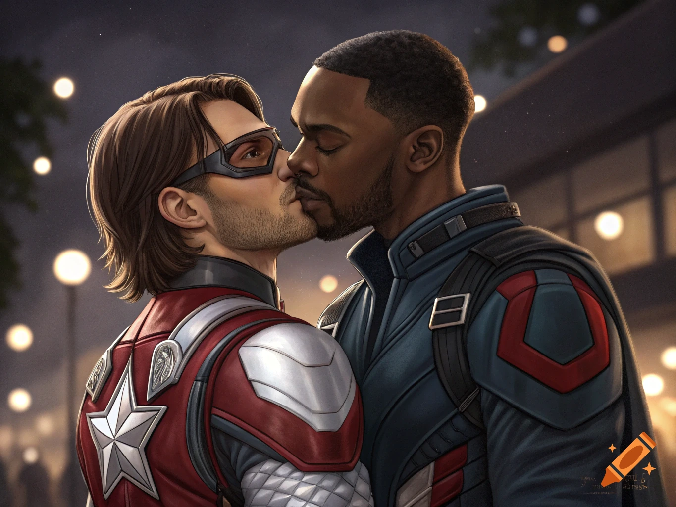 Digital painting of Sam Wilson and Bucky Barnes in superhero costumes kissing.