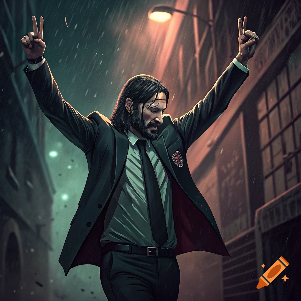 Digital art of a man resembling John Wick in a suit celebrating with arms raised in the rain on a street.