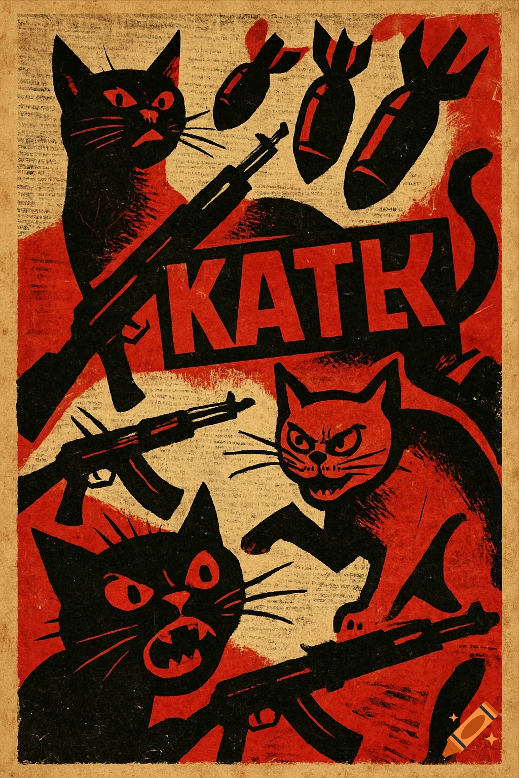 Stylized propaganda poster with black and red cats holding AK-47s and bombs, text says KATK
