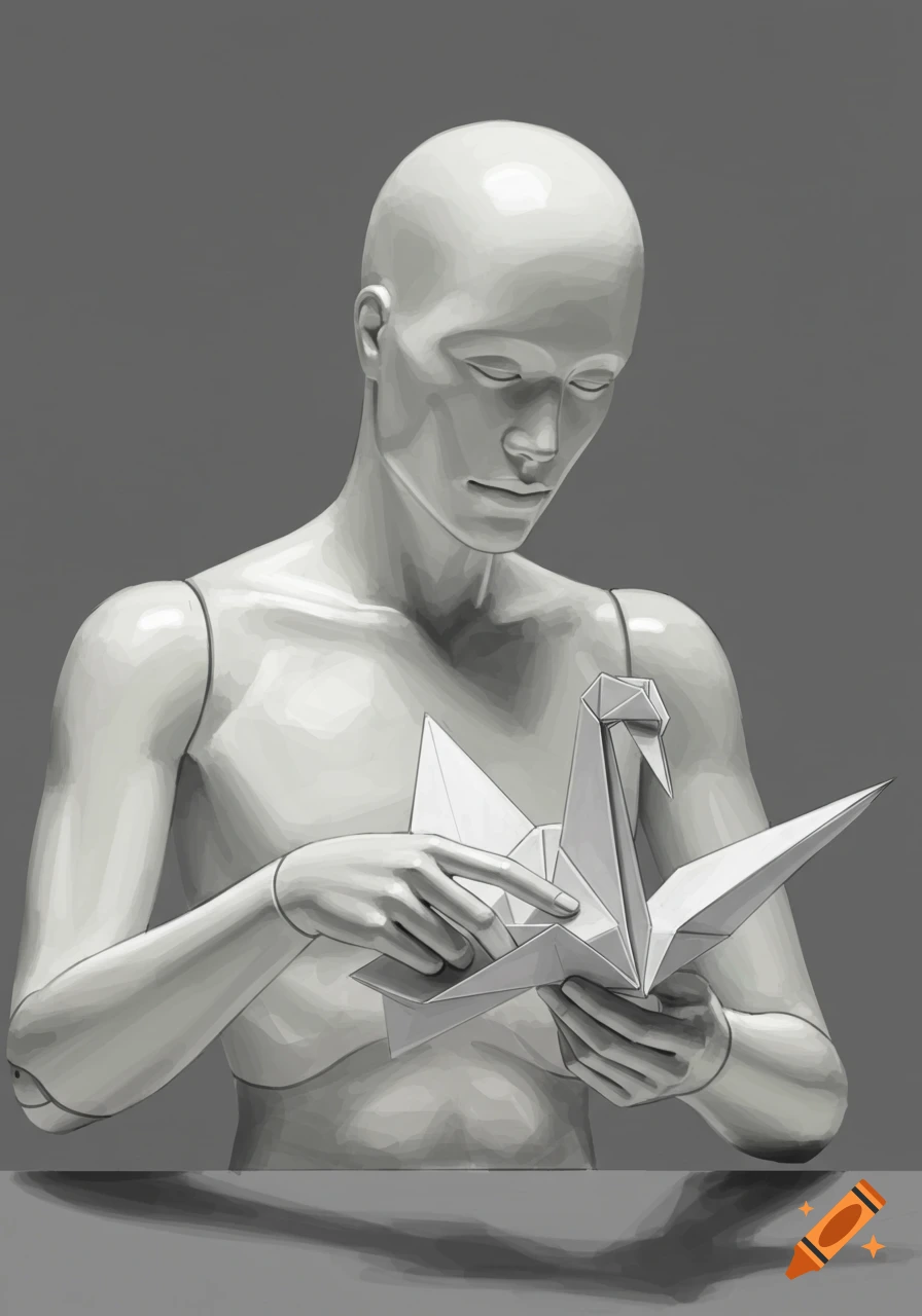 Realistic drawing of a mannequin folding an origami paper crane.