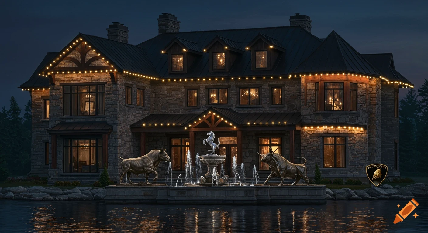 A large stone mansion at night, lit with lights, sits by a lake with a fountain and bull and horse statues.