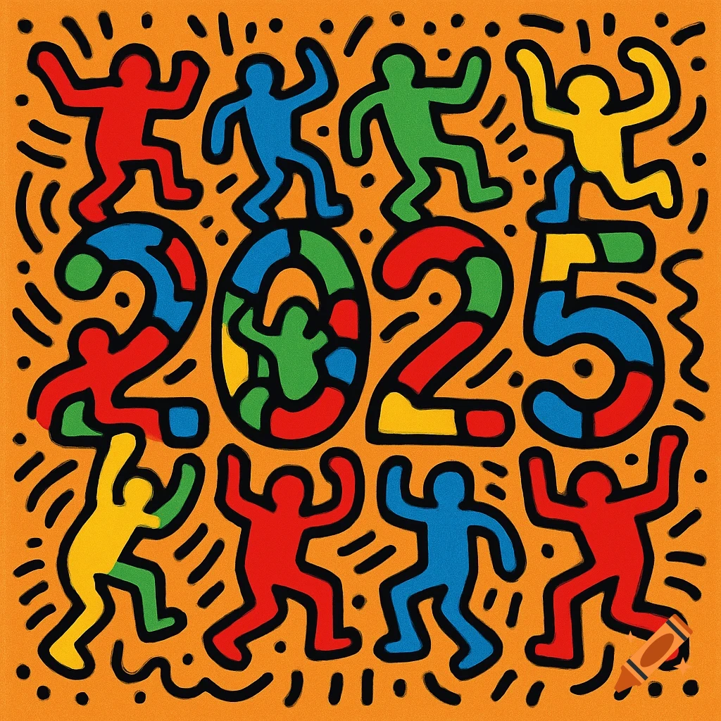 Keith Haring-style figures dancing around and forming the year 2025, colorful on an orange background.