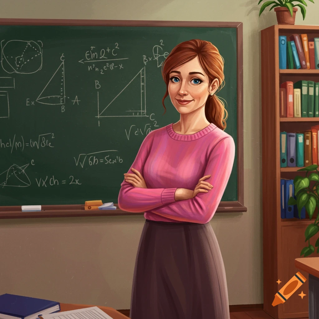 Illustration of a female teacher standing in a classroom with a chalkboard.