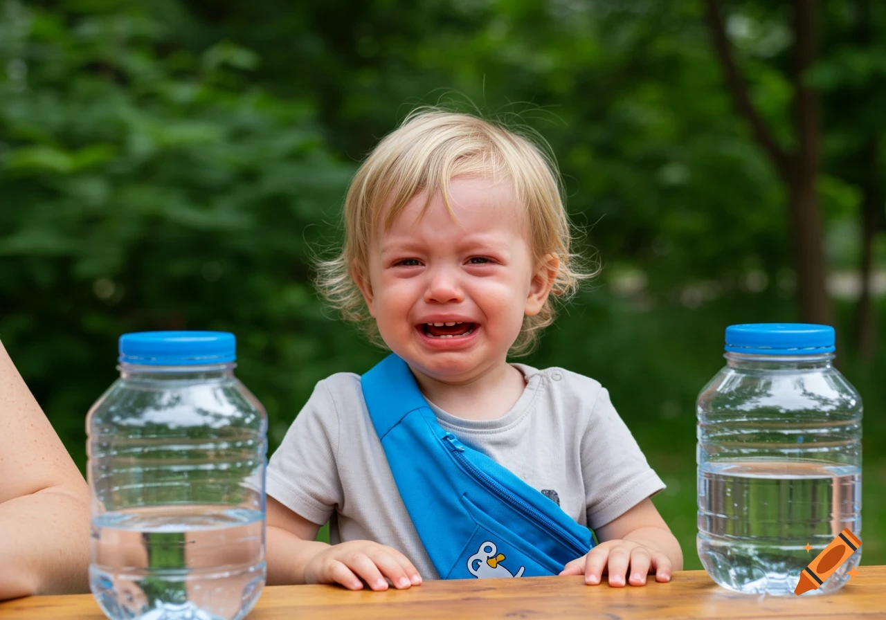 A crying blonde toddler sits at a table outdoors with two water bottles.