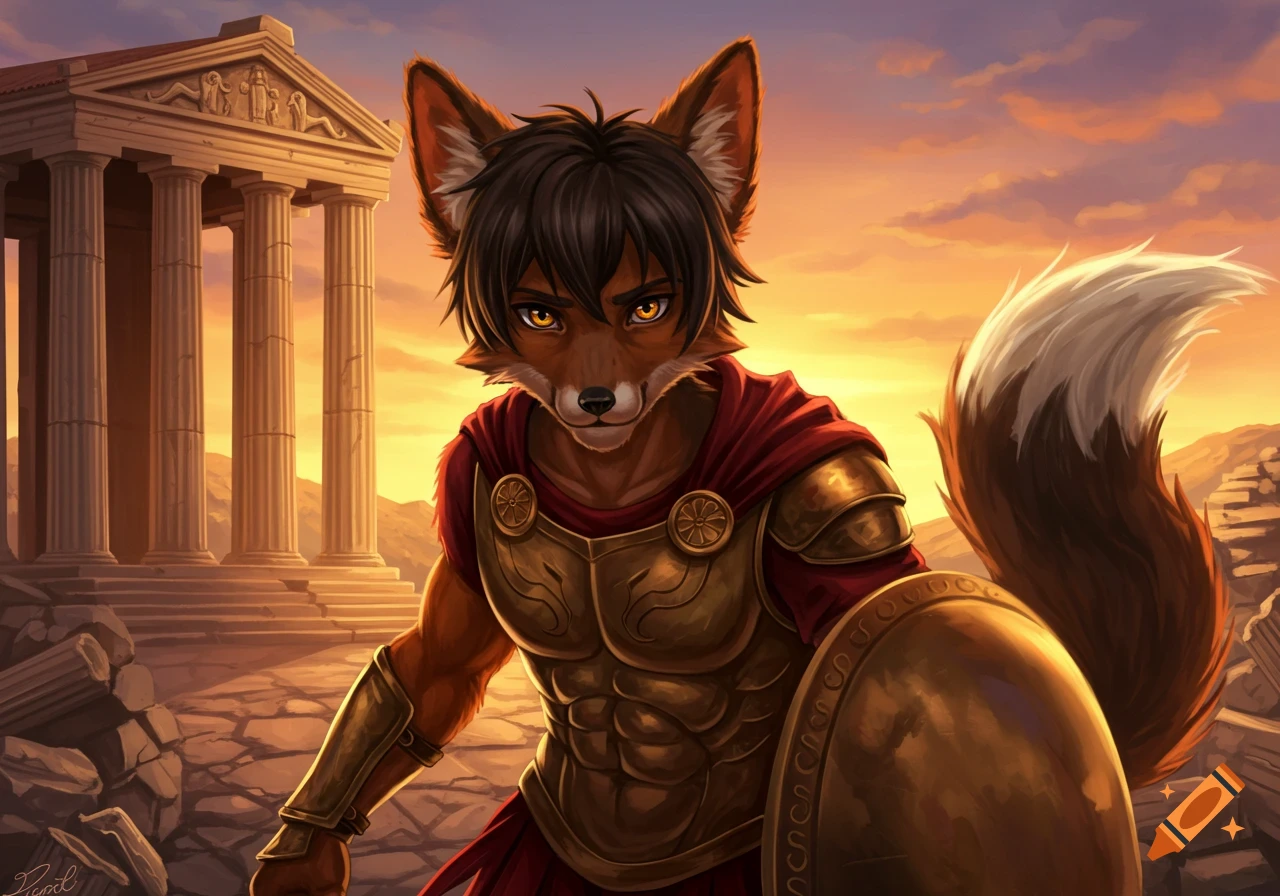 An anime-style furry fox in ancient Greek armor stands among temple ruins at sunset.