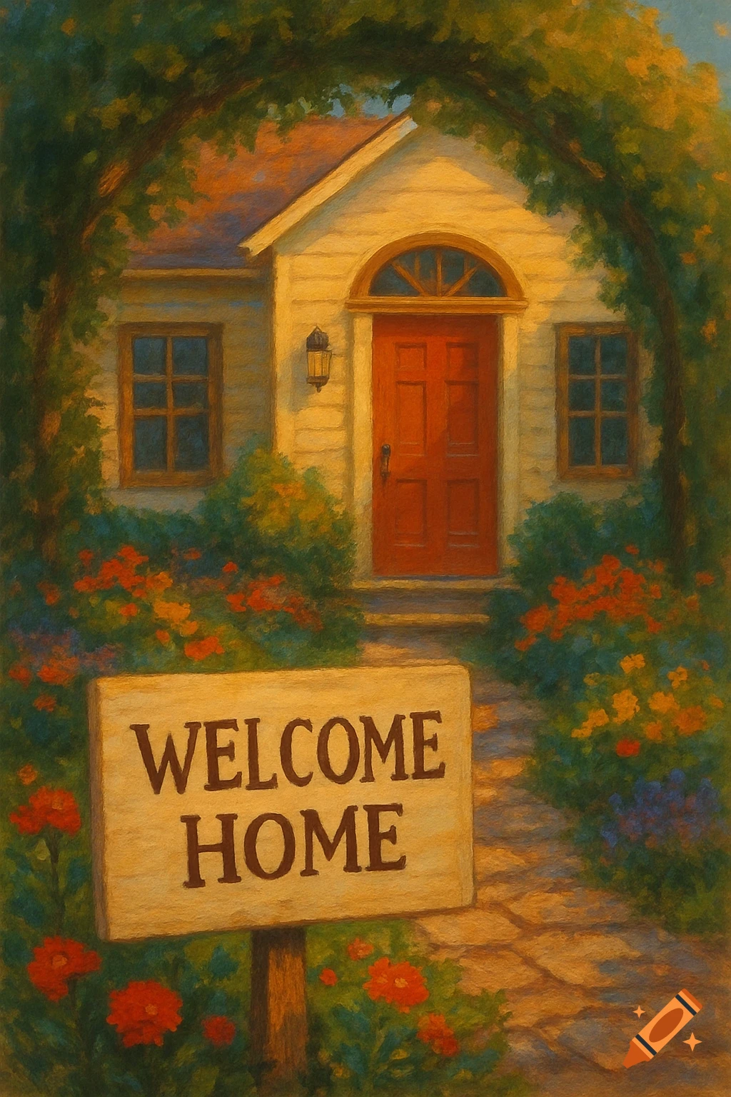 Painterly image of a house entrance with a sign reading 'WELCOME HOME' under a garden archway.