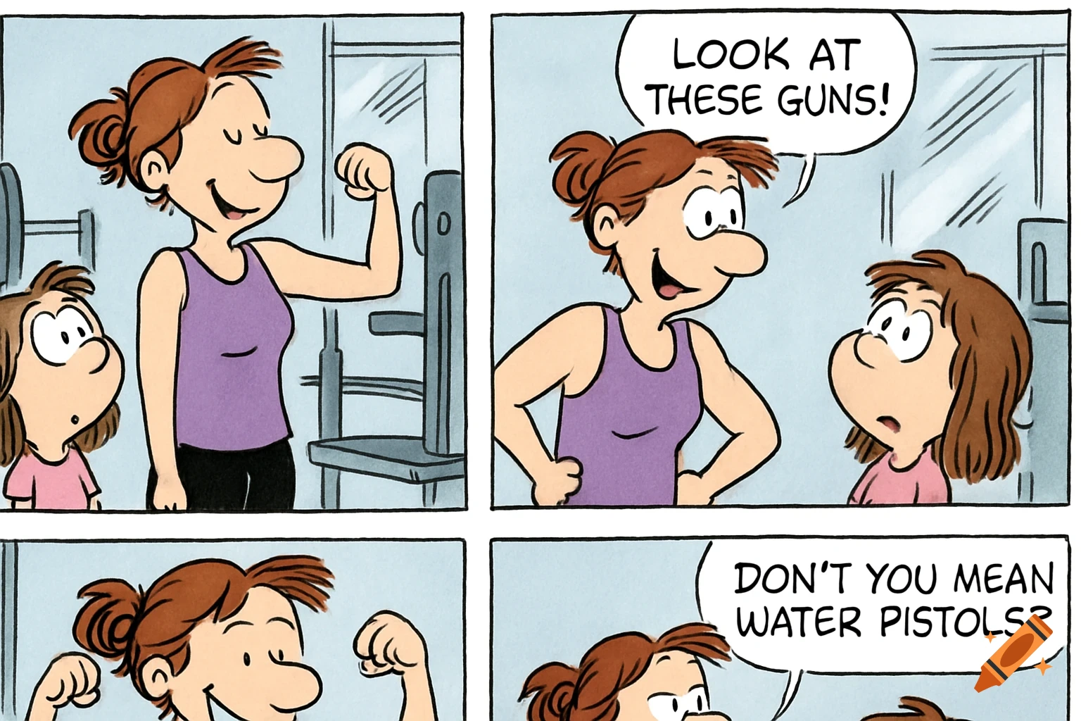 Cartoon comic strip panel of a woman flexing at the gym, saying 'LOOK AT THESE GUNS!' to a child who asks, 'DON'T YOU MEAN WATER PISTOLS?'