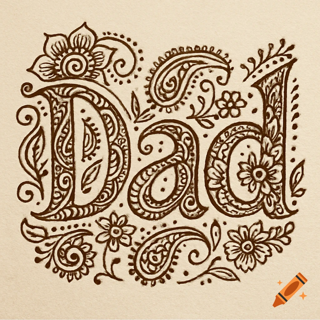 Sketch of 'Dad' in henna art style with floral and paisley details.