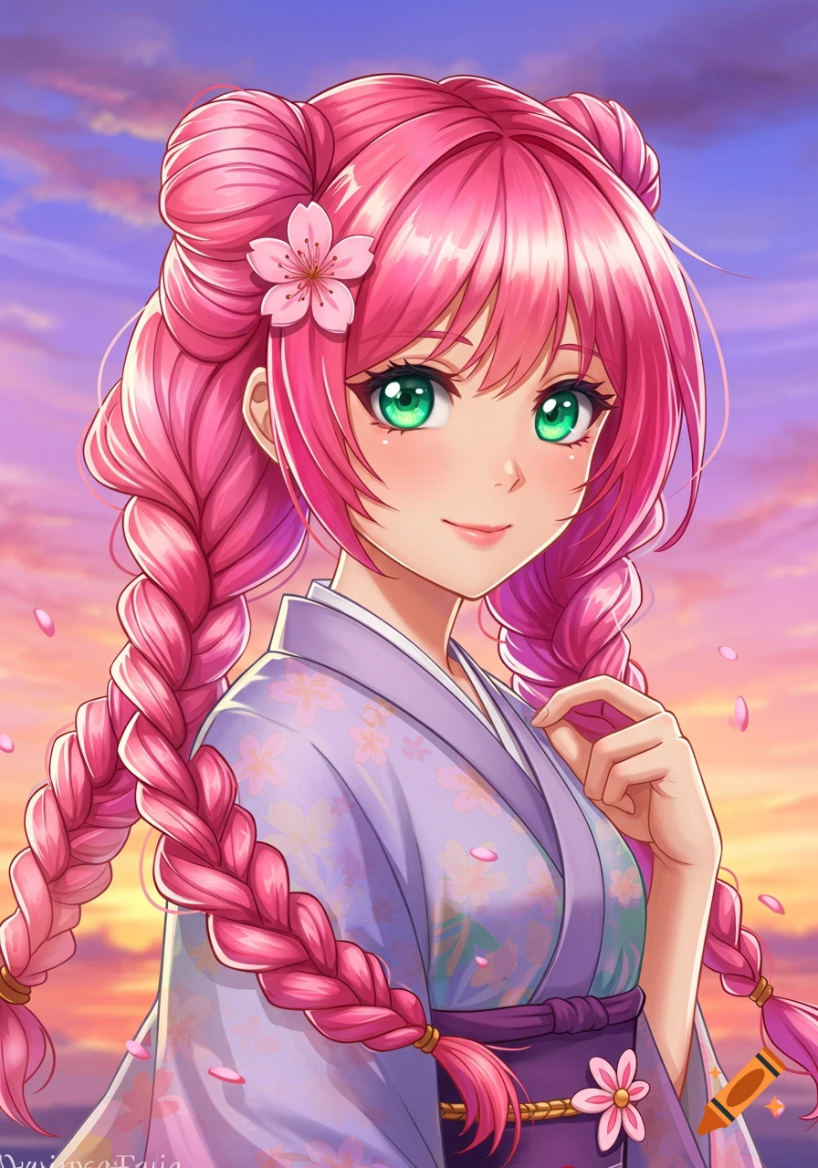 Anime girl with pink braided hair in kimono at sunset with cherry blossoms.