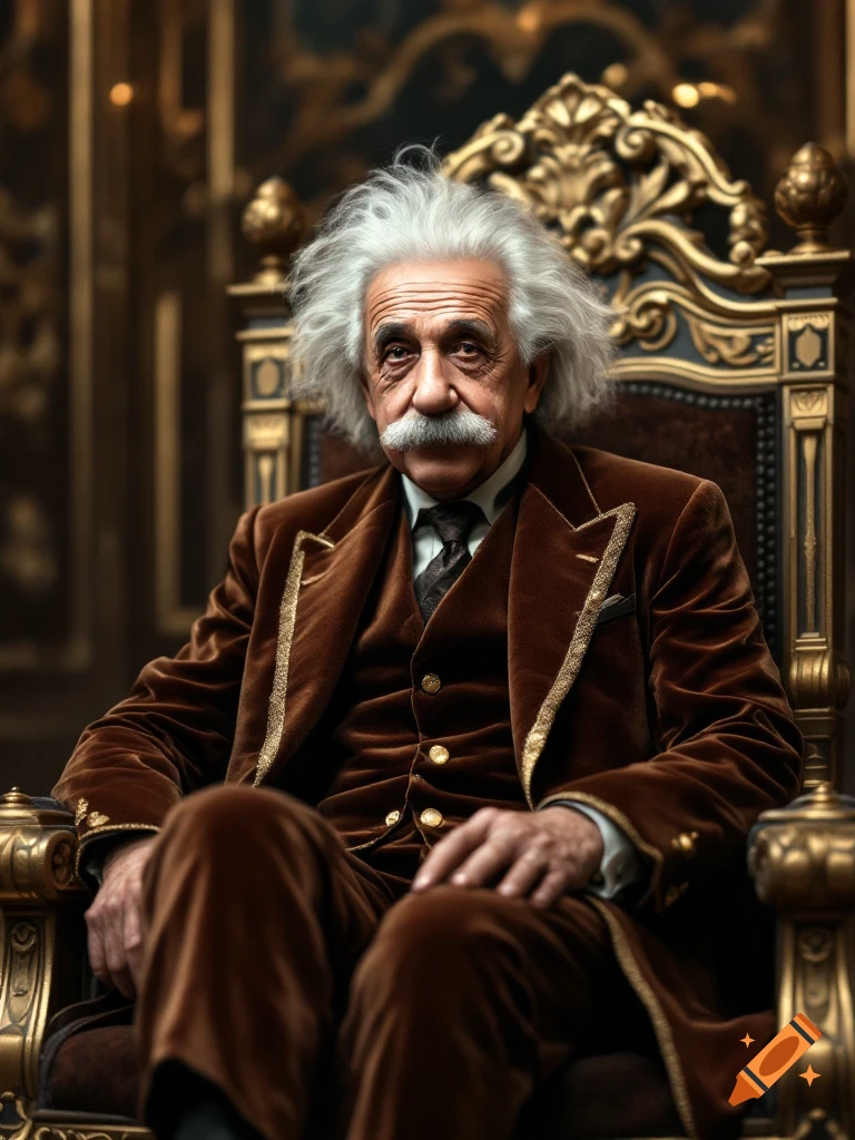 Photorealistic portrait of Albert Einstein sitting on a golden throne in a velvet suit.