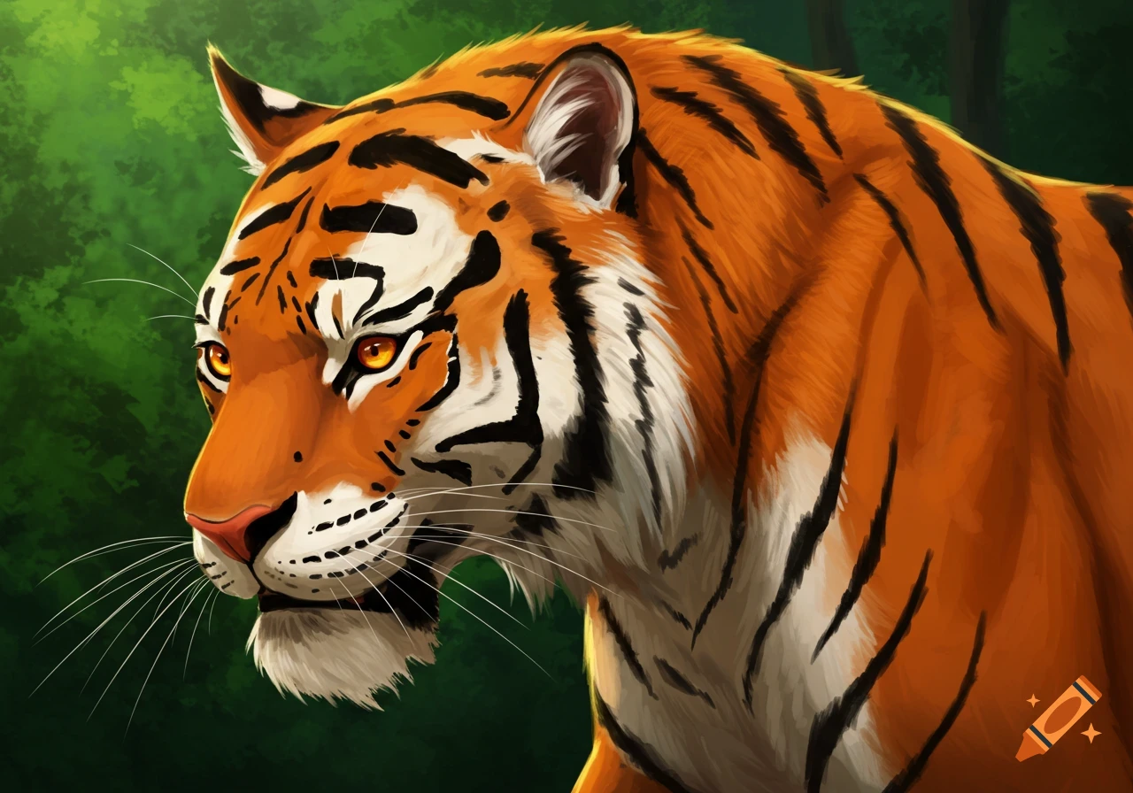 Close-up digital painting of a tiger in a jungle setting.