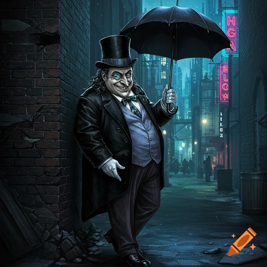 The Penguin character in a suit and top hat holds an umbrella while standing in a rainy city street at night.