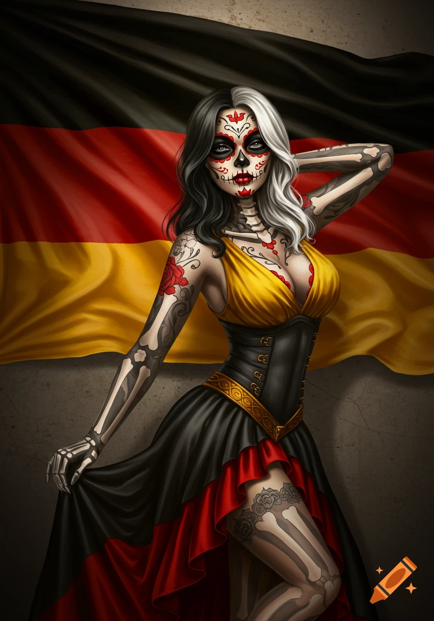 A woman with Dia de los Muertos makeup and skeletal body paint poses in a low-cut dress against a German flag.