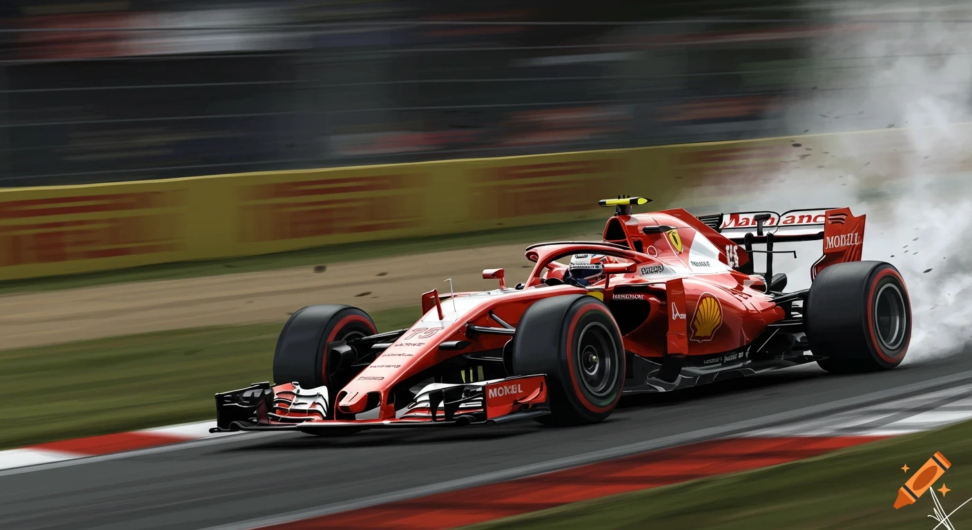 A red Formula 1 Ferrari race car speeds on a track with motion blur and smoke.