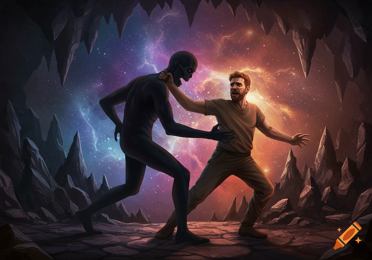 A man struggles with a dark, skull-faced figure in a cave opening with a cosmic sky.