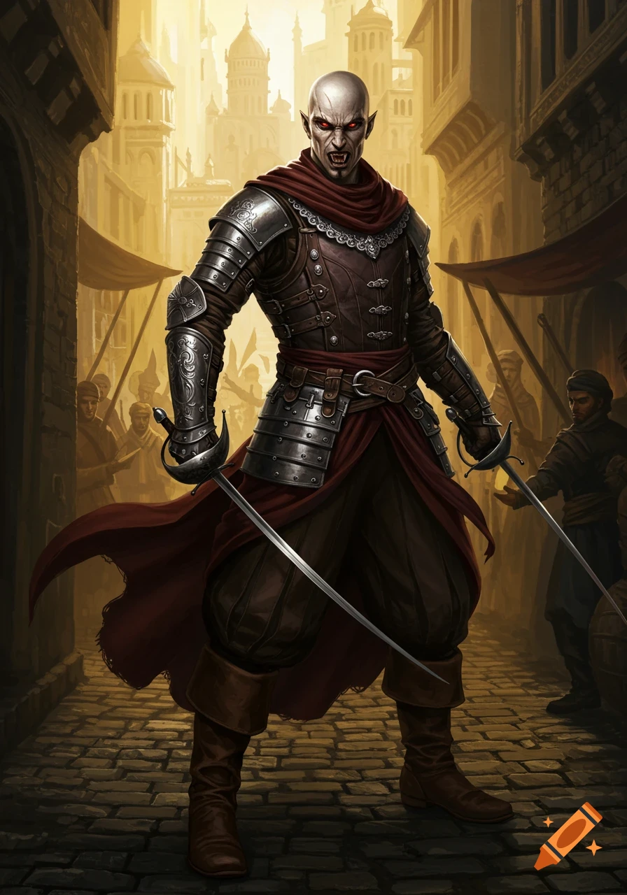A bald vampire in armor and red cloak holds two swords in a medieval street.