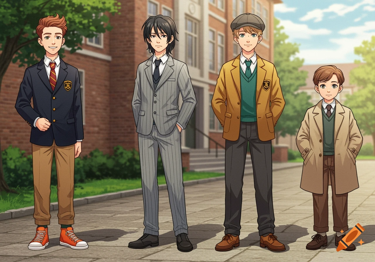 Four anime-styled boys in school uniforms stand outside a brick school building.