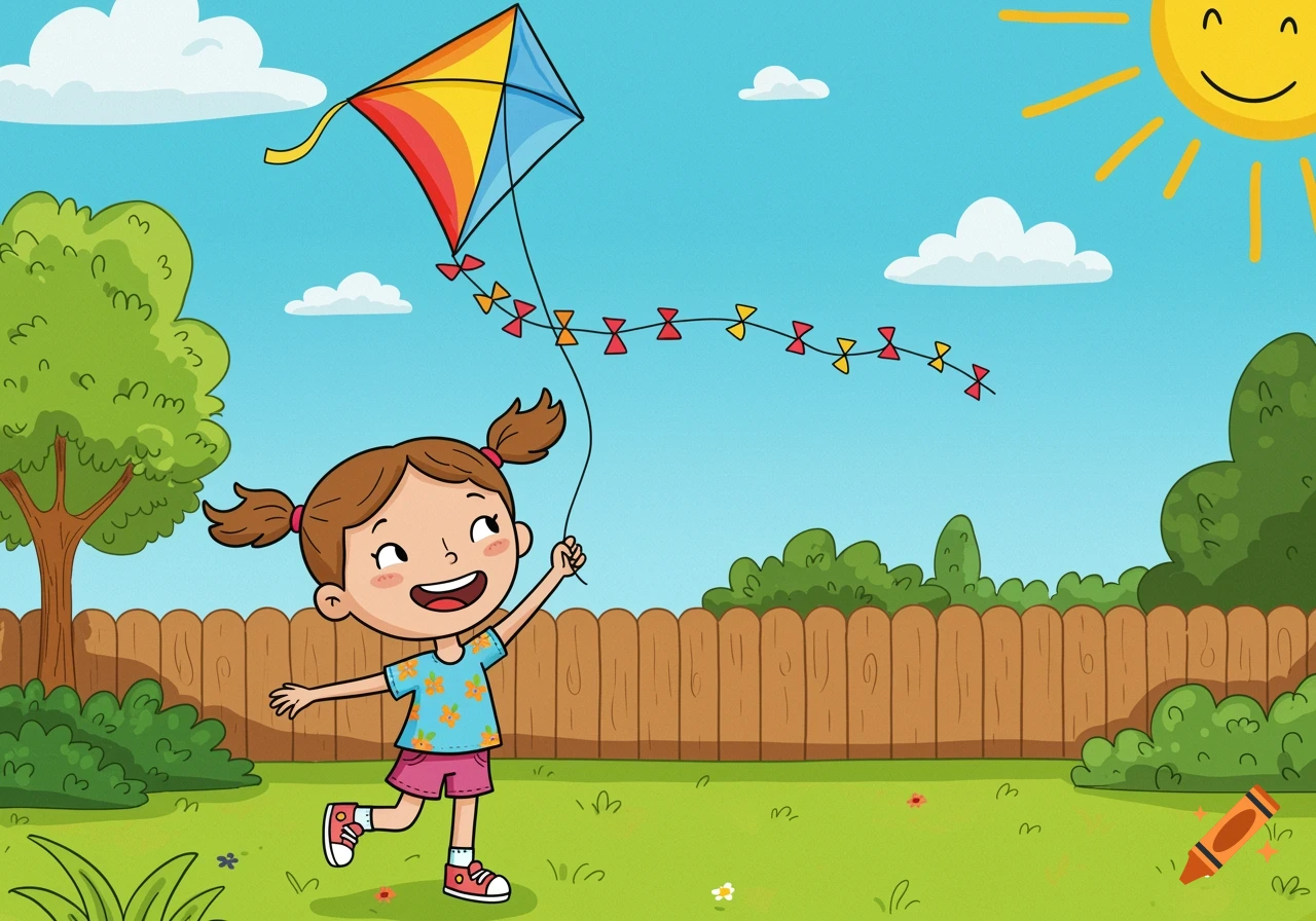 Cartoon of a girl flying a colorful kite in a sunny backyard