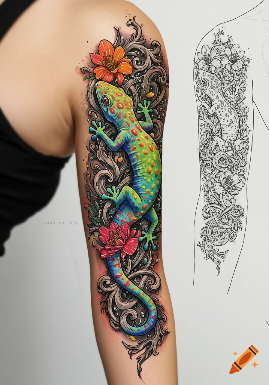 Colorful gecko tattoo design with flowers and vines on an arm, next to a sketch.