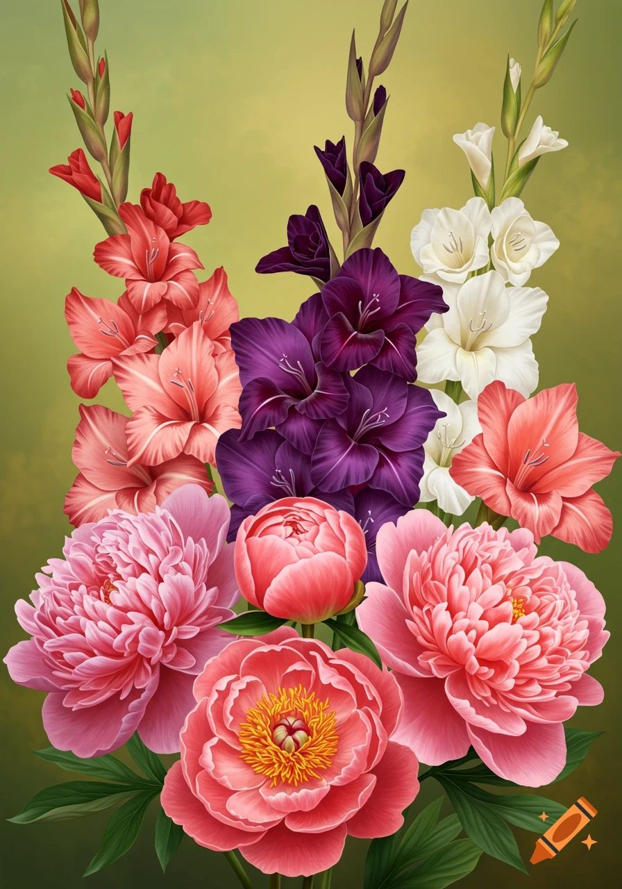 A vibrant bouquet of pink peonies and red, purple, and white gladiolus flowers.